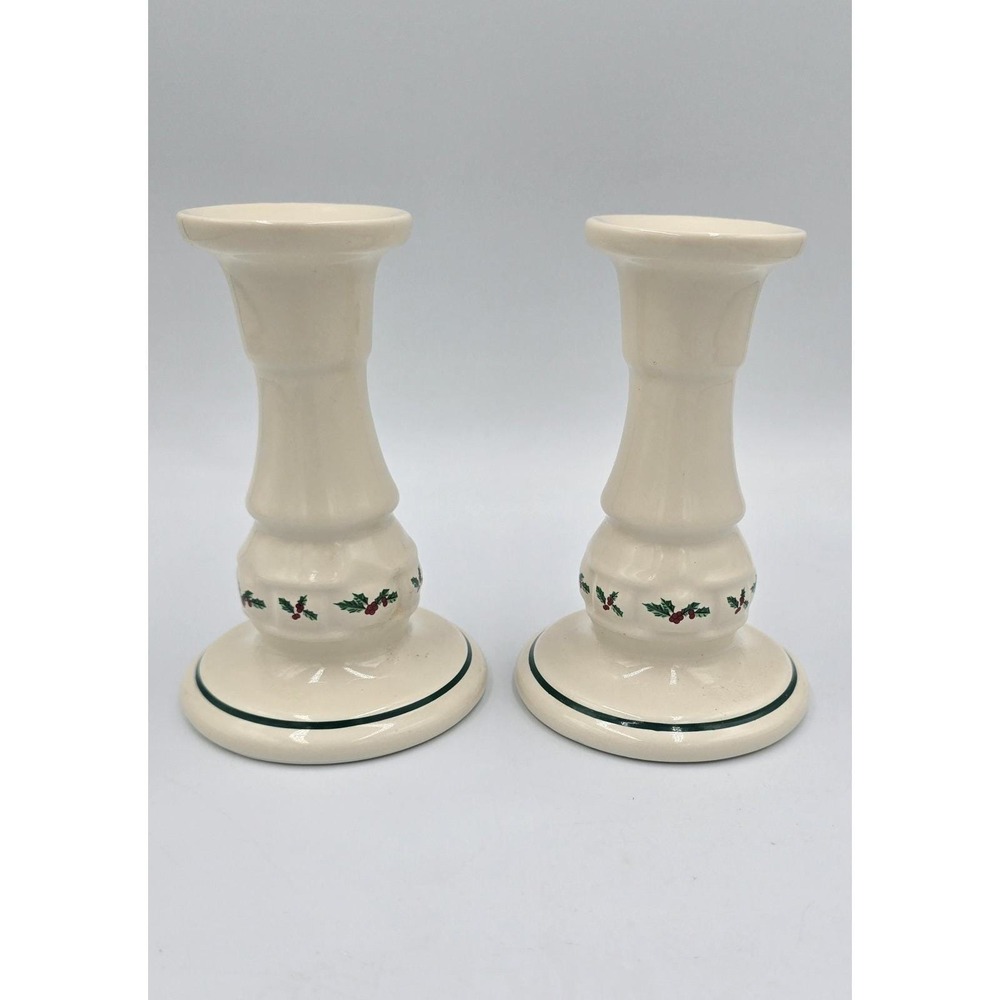 Set of 2 Vintage Longaberger Pottery Woven Traditions Holly 5" Candle Holders